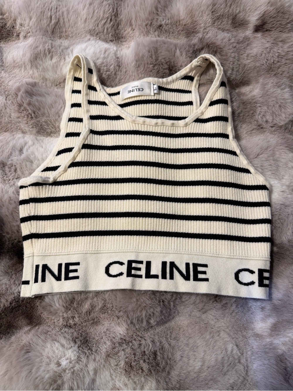 Celine Cream and Black Striped Ribbed Cropped Tank